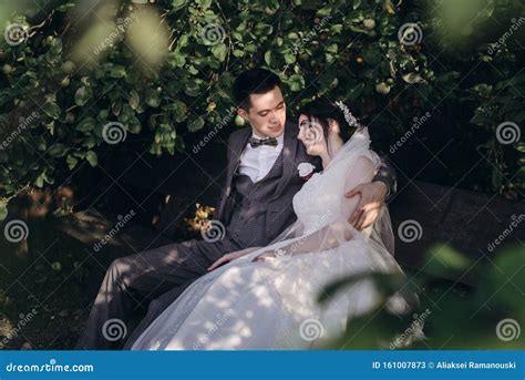 Newlyweds Sitting On A Bench They Look At Each Other In Love Stock