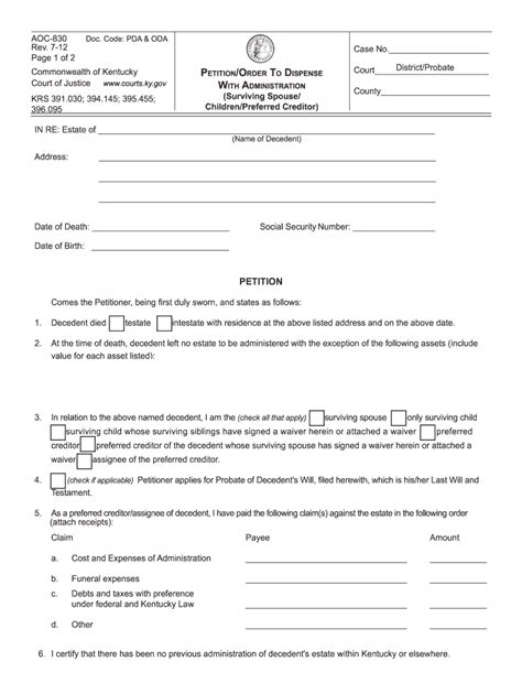 How To File A Petition To Dispense With Administration Kentucky Fill