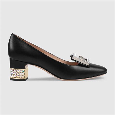 Gucci Women Shoe Leather Mid Heel Pump With Crystal G 50mm Heel Black