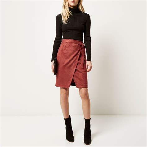 Lyst River Island Rust Brown Faux Suede Wrap Skirt In Brown