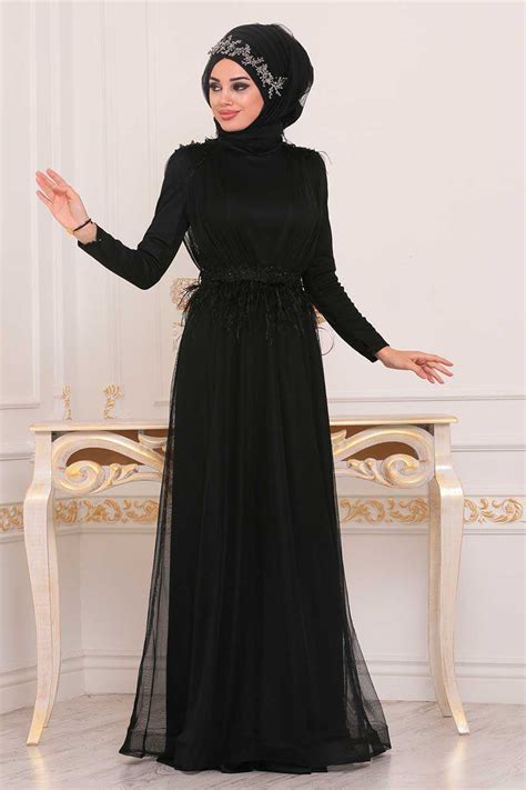 püsküllü siyah tesettür abiye elbise 3965s neva