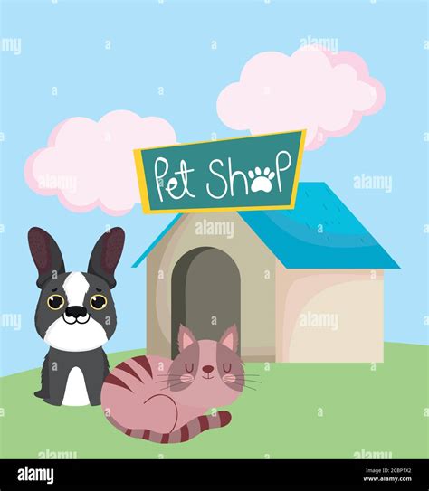 Pet Shop Dog And Sleeping Cat With House Animal Domestic Cartoon