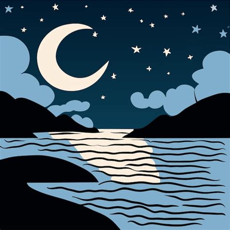Premium Vector Sea Landscape With Moon And Stars In Sky At Night