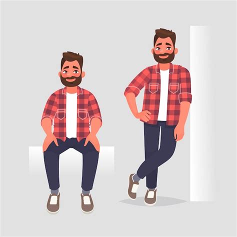 Premium Vector Set Of Character Man In Two Poses The Guy Is Sitting