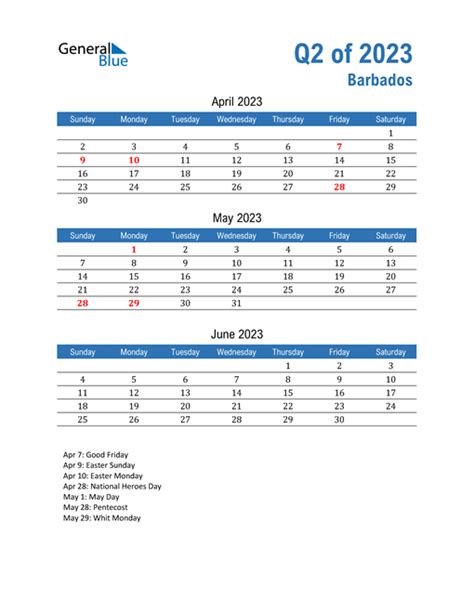 Q2 2023 Quarterly Calendar With Barbados Holidays