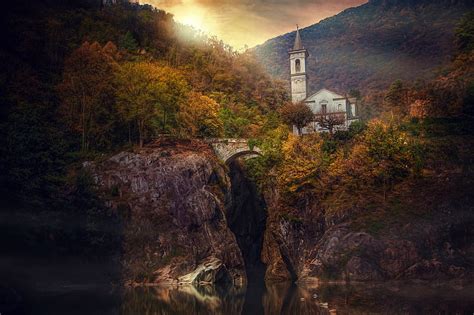 Churches Church Bridge Fall Forest Italy Piedmonte River Rock