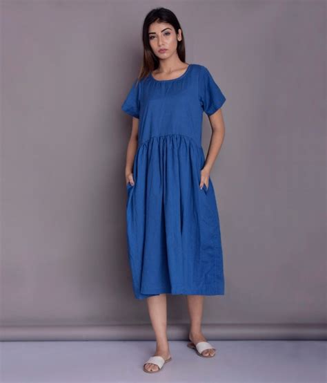 Linen Midi Dress Short Sleeved Dress Blue Linen Dress Etsy