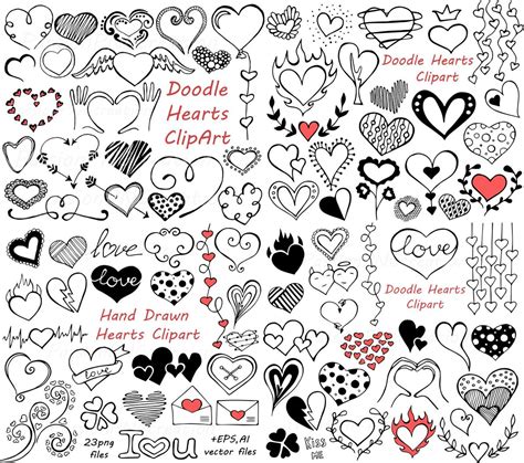 Big Set Of Doodle Hearts Clipart Heart Clip Art Digital Hearts Clip
