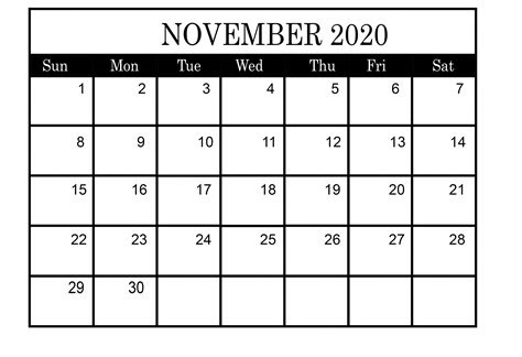 November 2020 Blank Calendar Printable Word Template Printable Blank