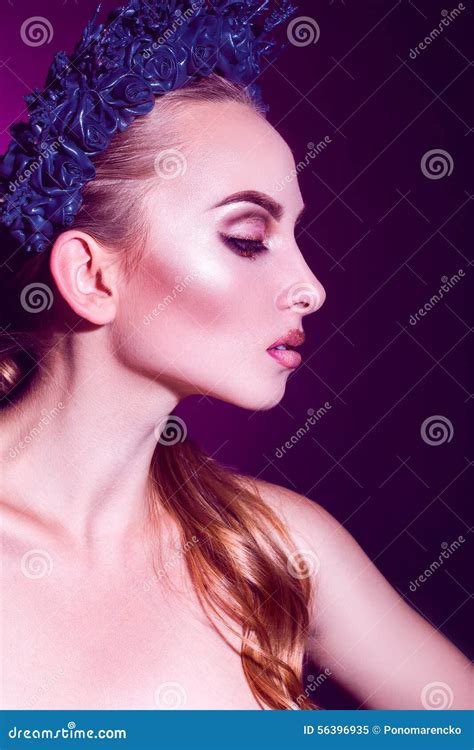 Half Face Portrait Of Beauty Adult Fashion Model With Wreath Stock
