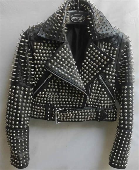 Premium Women Black Silver Full Studded Leather Jacket Punk Style