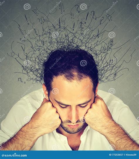 Sad Man with Stressed Face Expression Brain Melting into Lines Stock
