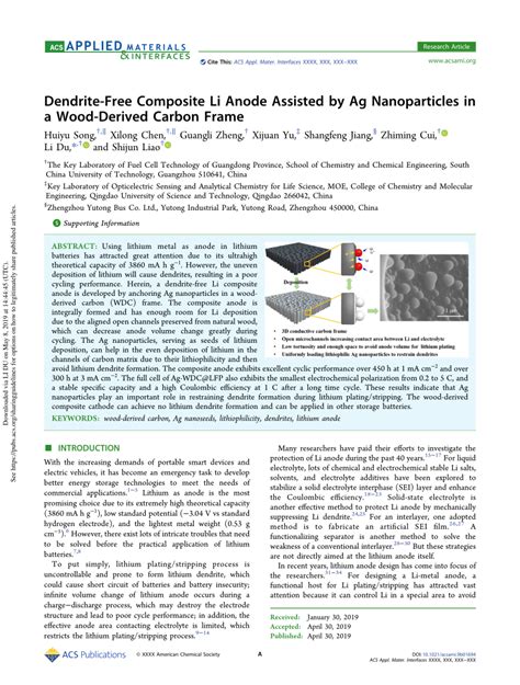 Pdf Dendrite Free Composite Li Anode Assisted By Ag Nanoparticles In A Wood Derived Carbon Frame