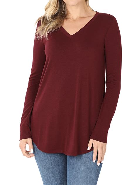 Women Plus S X Relaxed Fit Long Sleeve V Neck Round Hem Jersey Tee Shirt Top Single Multi