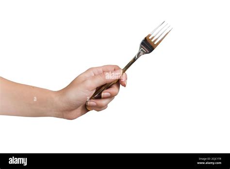 Woman Hand Holding Fork Isolated On White Background Eating Gesture