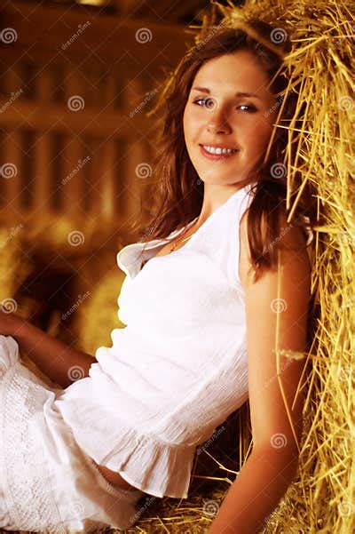 A Young Woman Is Resting On The Hay Stock Image Image Of Person