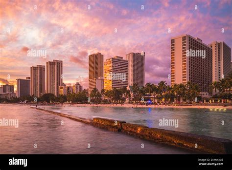 Skyline Of Honolulu At Waikiki Beach Hawaii Us Stock Photo Alamy