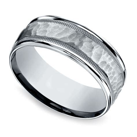 Hammered Milgrain Mens Wedding Ring In White Gold 6mm