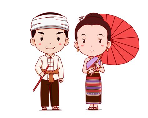 Cute Couple Of Cartoon Characters In Thai Lanna Traditional Costume
