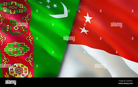 Turkmenistan And Singapore Flags 3D Waving Flag Design Turkmenistan