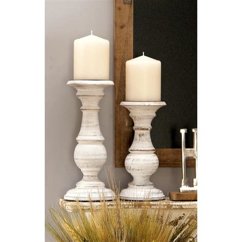 Distressed White Mango Turned Wood Style Post Candle Holders Set Of 3