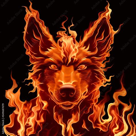 Fire Wolf Digital Drawing Of A Fire Wolfs Head On A Black Background
