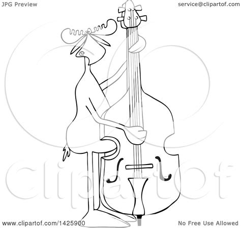 Clipart Of A Cartoon Black And White Lineart Moose Playing And Plucking A Double Bass Royalty