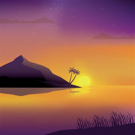 Beautiful Sunset At Beach Vector Illustration Sunset Landscape At Beach