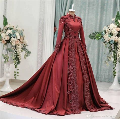 dark red arabic muslim evening dresses with long sleeves beaded high neck ball gown prom gowns