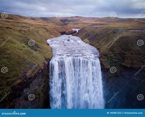 Aerial View Of Skogafoss Waterfall Iceland By Drone Stock Photo