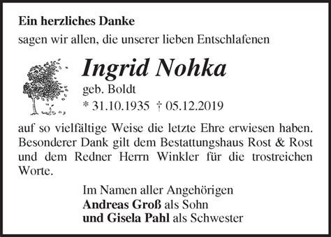 Traueranzeigen Von Ingrid Nohka Märkische Onlinezeitung Trauerportal