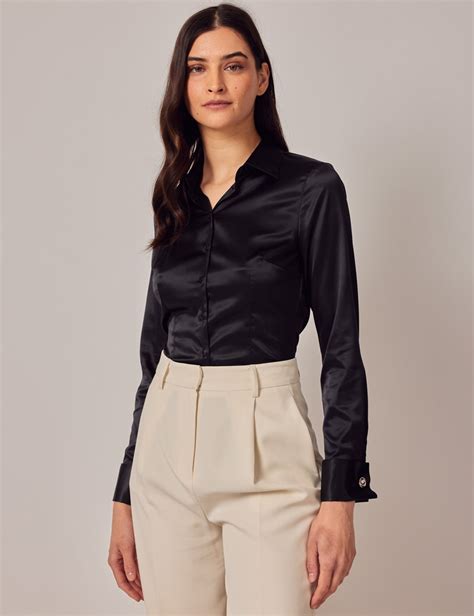 Womens Black Fitted Satin Shirt Double Cuffs