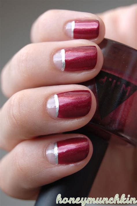Red And Silver With Nude Halfmoons Gem Nails Nail Manicure Nail Gems