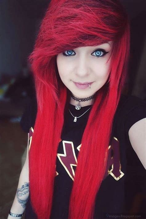Emo Girl Red Long Hair Piercing Beauty Dressing Stylish