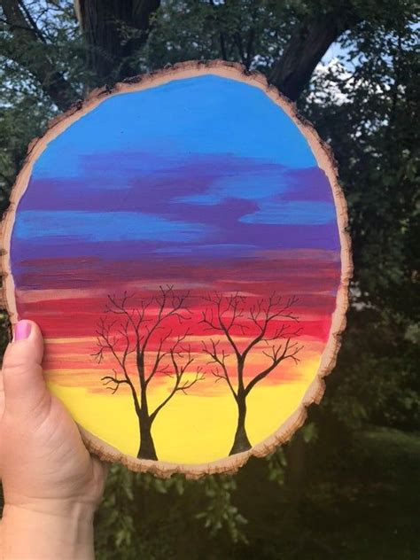 Hand Painted Wood Slice Two Trees At Sunset Etsy In 2021 Pebble Art