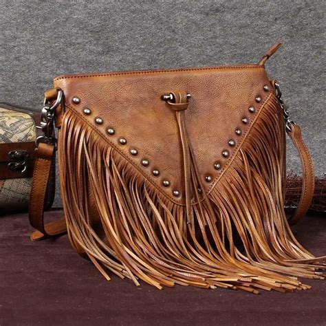 Vintage Boho Leather Fringe Crossbody Bags Purse Shoulder Bag For Women