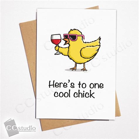Heres To One Cool Chick Thank You Card Funny Birthday Card Wine