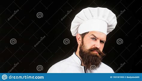Bearded Male Chefs Isolated On Black Cook Hat Confident Bearded Male Chef In White Uniform