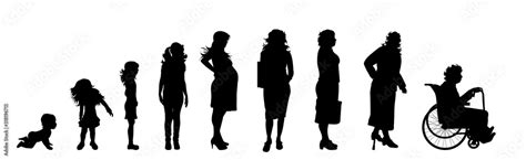 Vector Silhouette Of Woman In Different Age On White Background Symbol
