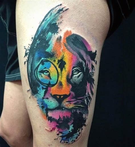 For realistic lion tattoos, in particular, consider larger areas such as your chest, back, ribs, thigh, calf, or stomach. Thigh tattoos - Cool Watercolor thigh tattoos for women