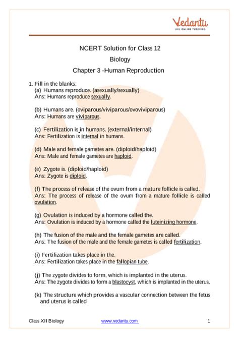 Ncert Solutions For Class 12 Biology Chapter 3 Human Reproduction Pdf