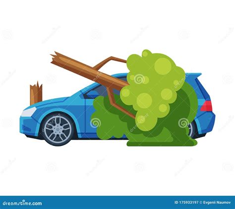 Car Crash With Tree Road Accident Flat Vector Illustration Stock