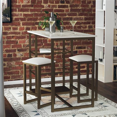 Dorel Living Tanner 3 Piece Brass Pub Set With Faux Marble Top White