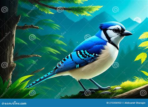 Blue Jay Bird Digital Painting Art With Nature On Background