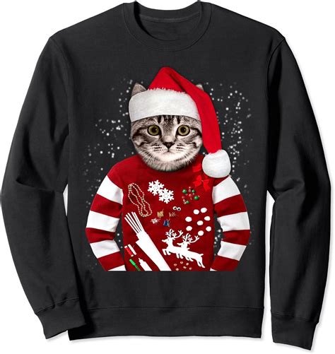 Cat Wearing Christmas Sweater Funny X Mas Sweatshirt Amazonde Fashion
