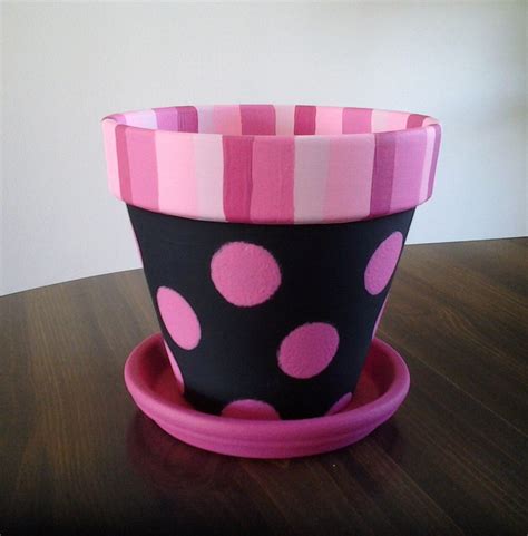Pink Polka Dots On Black Painted Clay Pot With Saucer Flower Pot
