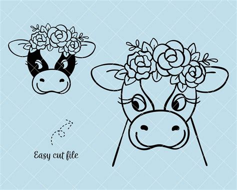 Cow With Flower Crown Svg Face Cow Svg Cow Clipart Cowgirl Svg Etsy