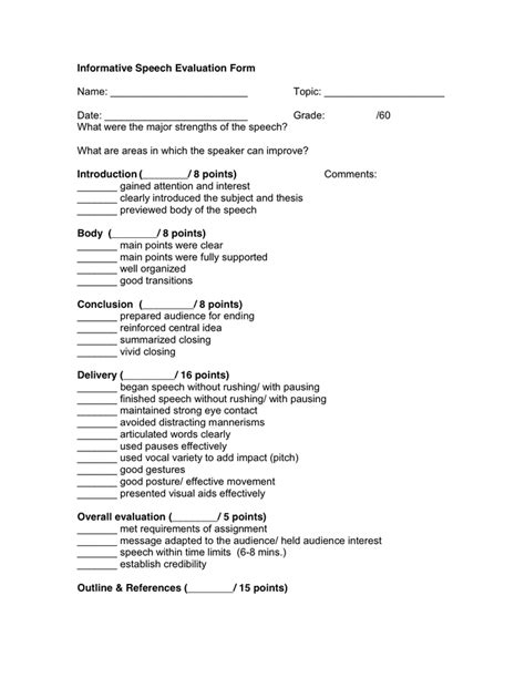 Informative Speech Evaluation Form In Word And Pdf Formats