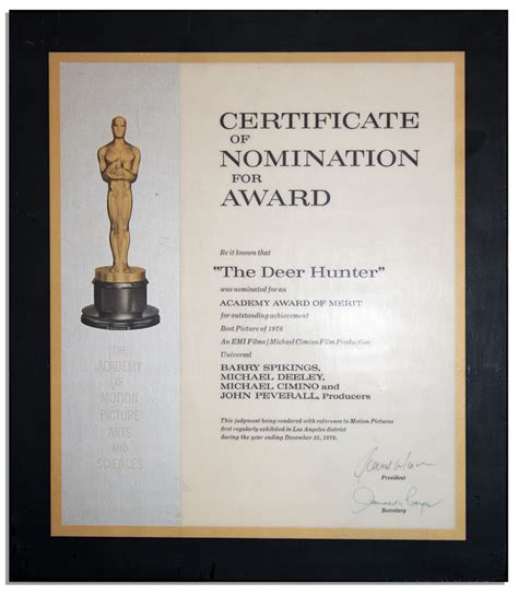 Lot Detail Best Picture Academy Award Nomination For The Deer