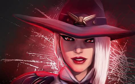 Ashe Red Eyes Cyber Warrior Artwork Red Hat Overwatch Hd